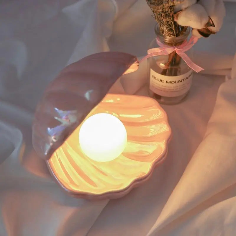 Pearl Shell Table Lamp Ceramic Battery LED Pink White