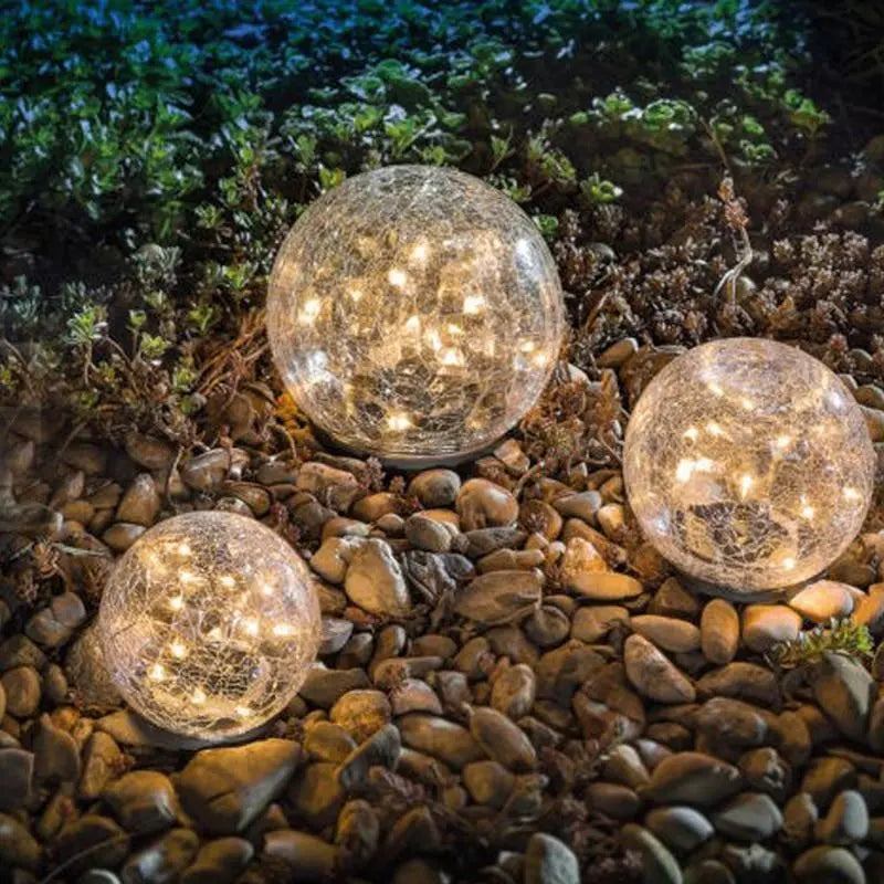 Solar Garden Light Cracked Glass Globe Metal 20 or 30 LEDs