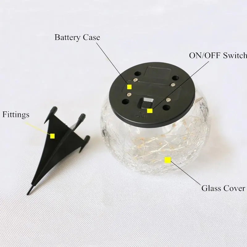 Solar Garden Light Cracked Glass Globe Metal 20 or 30 LEDs