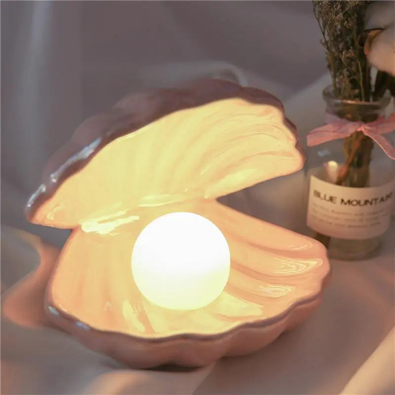 Pearl Shell Table Lamp Ceramic Battery LED Pink White
