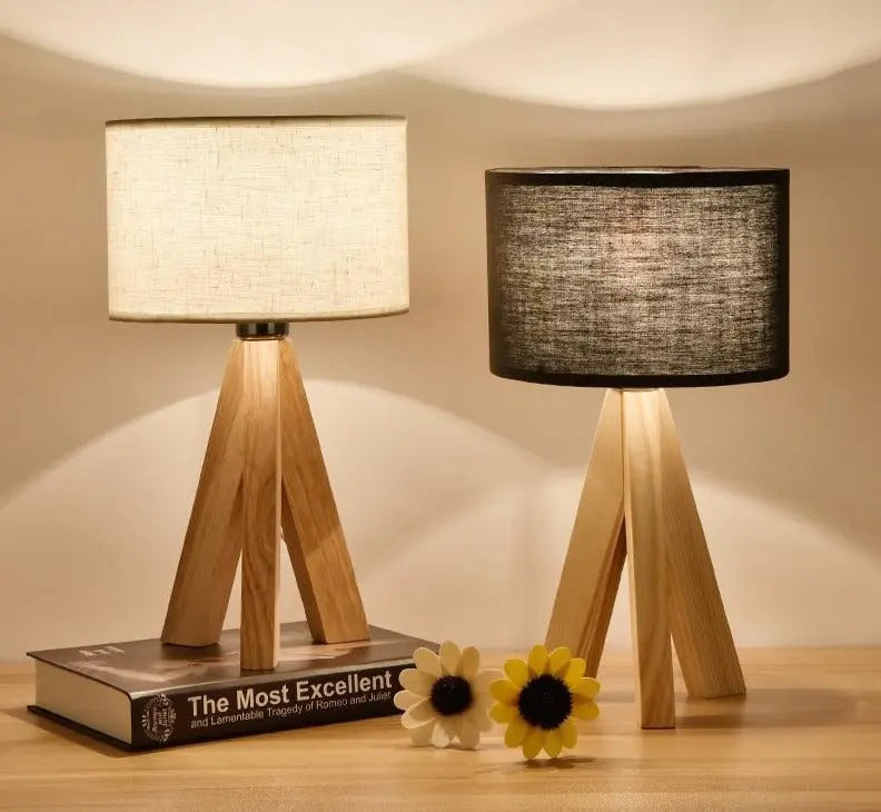 Tripod Table Lamp Wood Base Fabric Shade E27