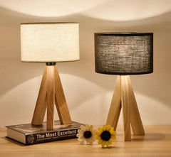 Tripod Table Lamp Wood Base Fabric Shade E27