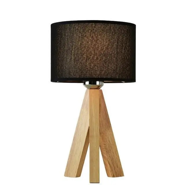 Tripod Table Lamp Wood Base Fabric Shade E27