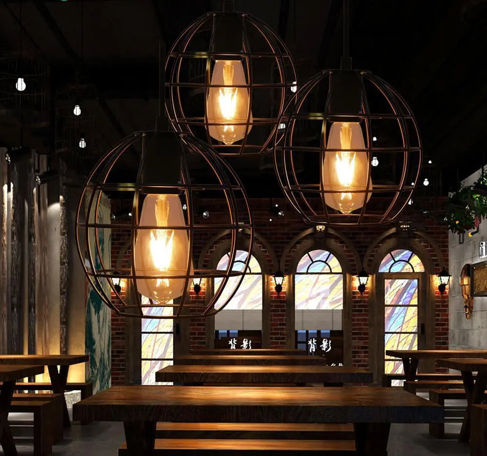 Spherical Cage Pendant Light Industrial Black