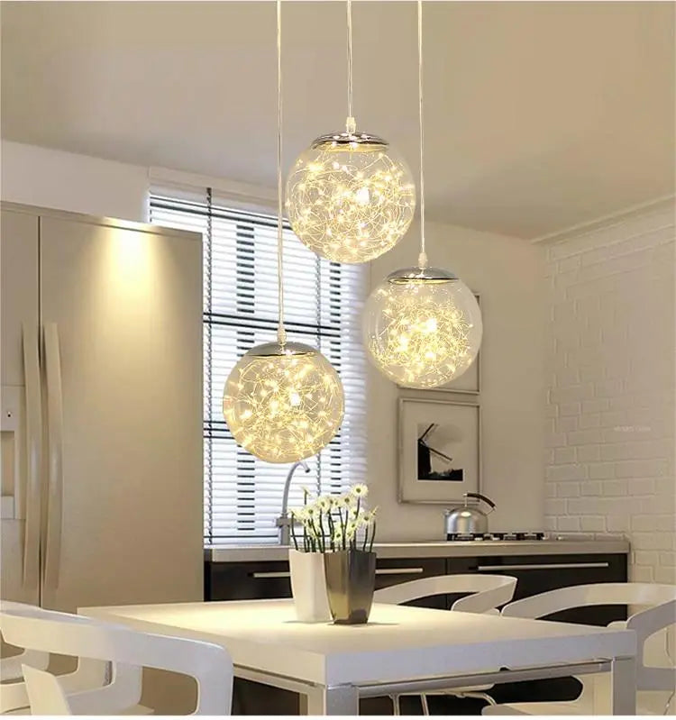 Glass Ball Pendant Light, LED, Single or Set of 3, Round or Rectangular