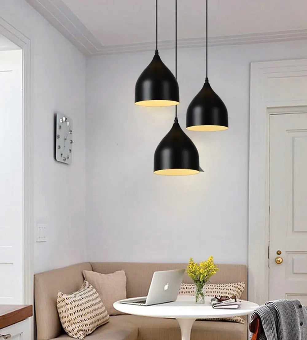 Nordic Iron Pendant Light E27 — Single or Set of 3, Round or Linear Base, Black or White