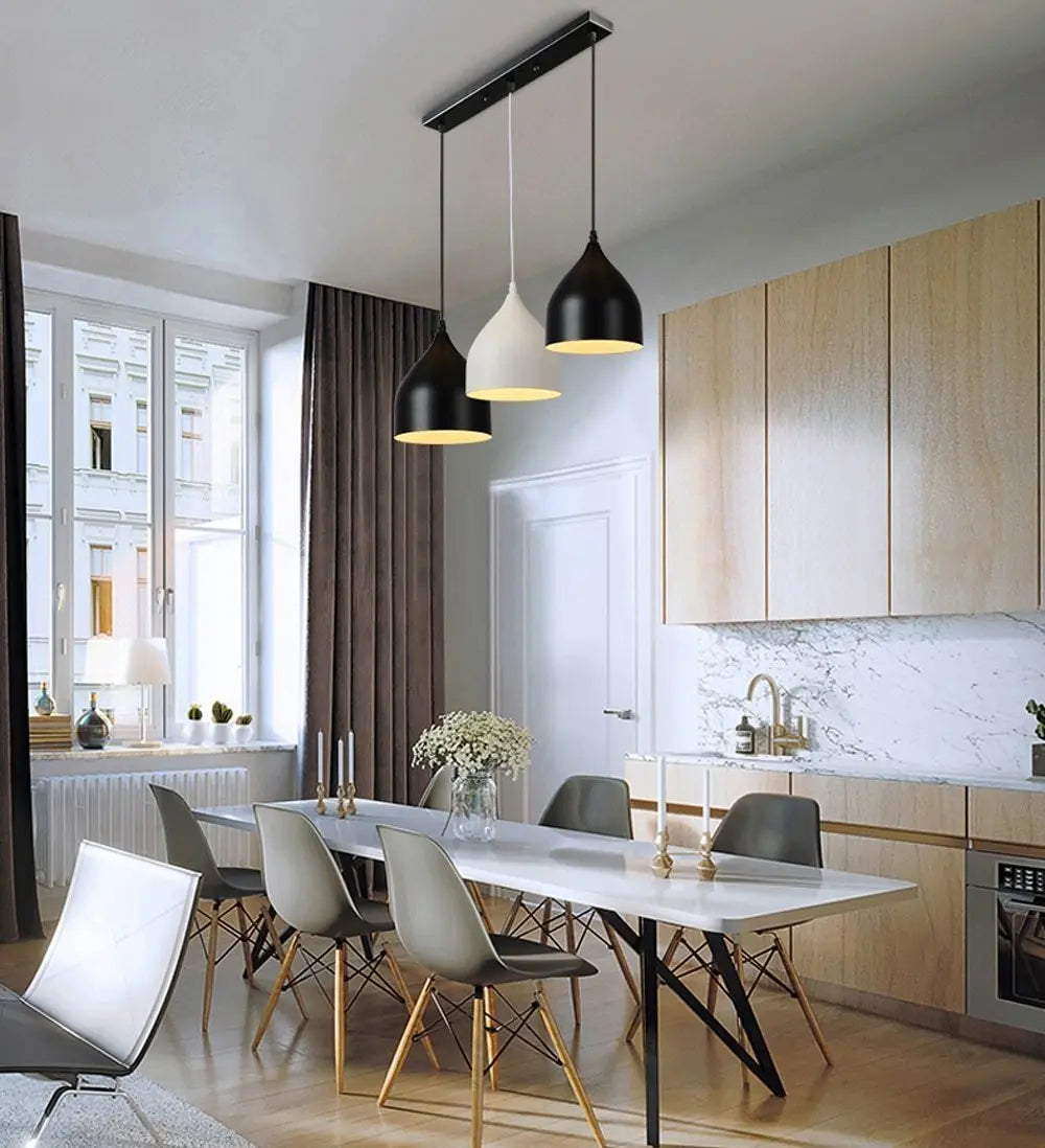 Nordic Iron Pendant Light E27 — Single or Set of 3, Round or Linear Base, Black or White