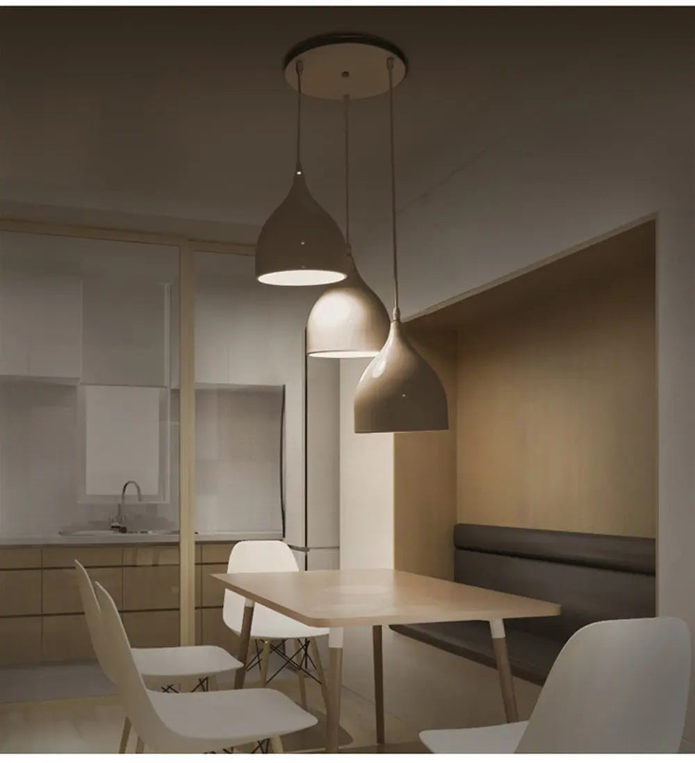 Nordic Iron Pendant Light E27 — Single or Set of 3, Round or Linear Base, Black or White