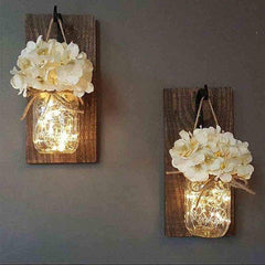 Jam Jar Wall Light with Fairy Lights, Wood & Glass, Battery