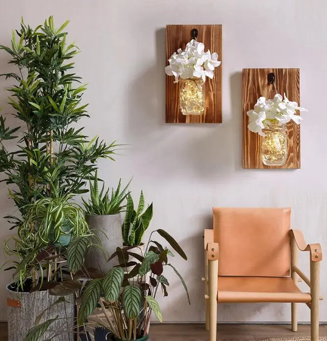 Jam Jar Wall Light with Fairy Lights, Wood & Glass, Battery