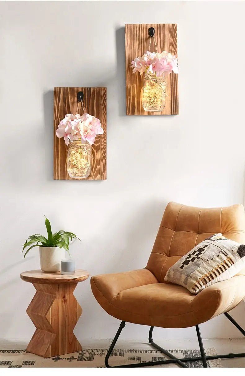 Jam Jar Wall Light with Fairy Lights, Wood & Glass, Battery