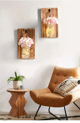 Jam Jar Wall Light with Fairy Lights, Wood & Glass, Battery
