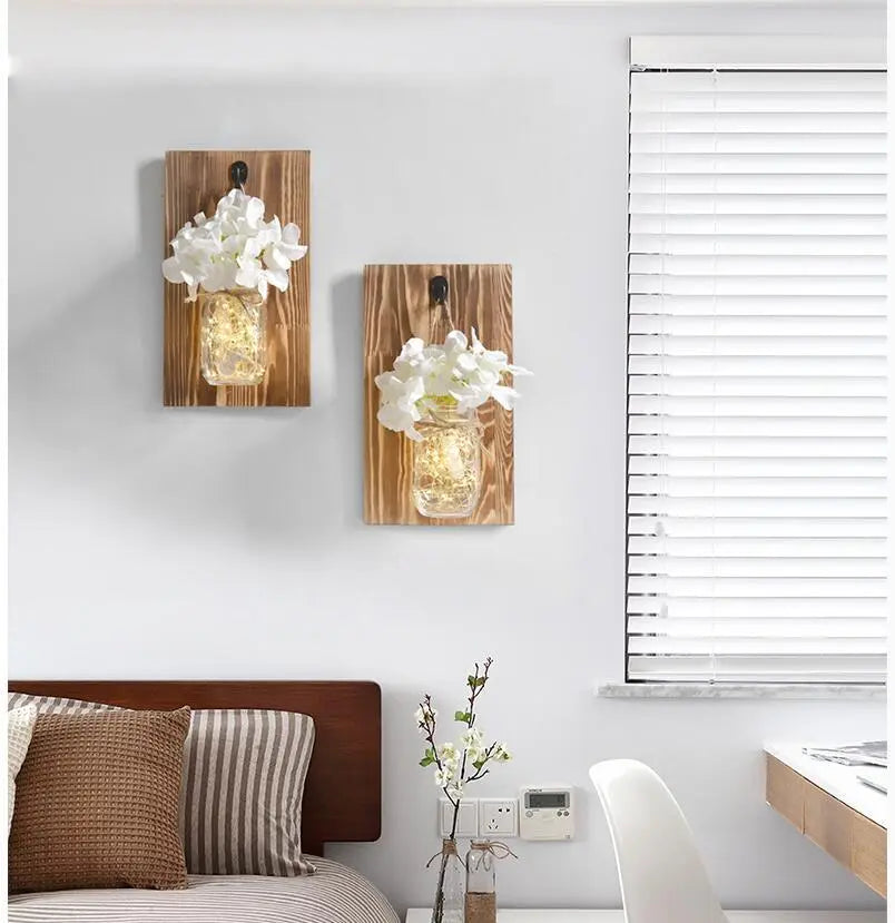Jam Jar Wall Light with Fairy Lights, Wood & Glass, Battery
