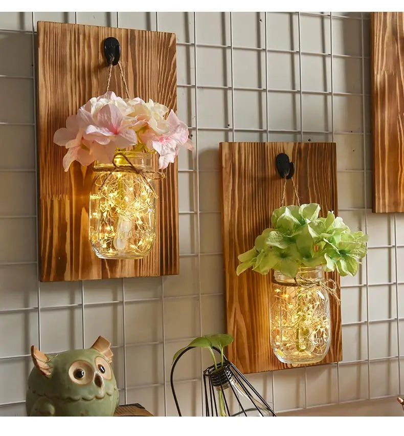 Jam Jar Wall Light with Fairy Lights, Wood & Glass, Battery