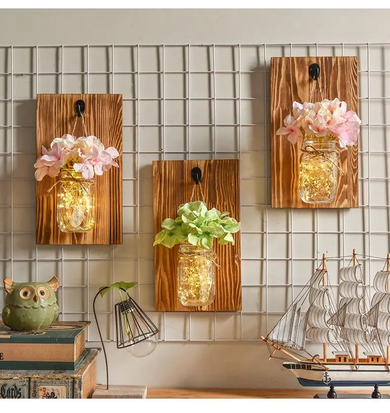 Jam Jar Wall Light with Fairy Lights, Wood & Glass, Battery
