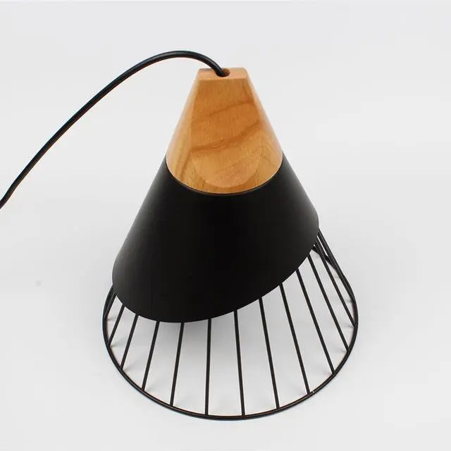 Nordic Pendant Light Iron Cage Wooden Base