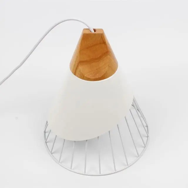 Nordic Pendant Light Iron Cage Wooden Base