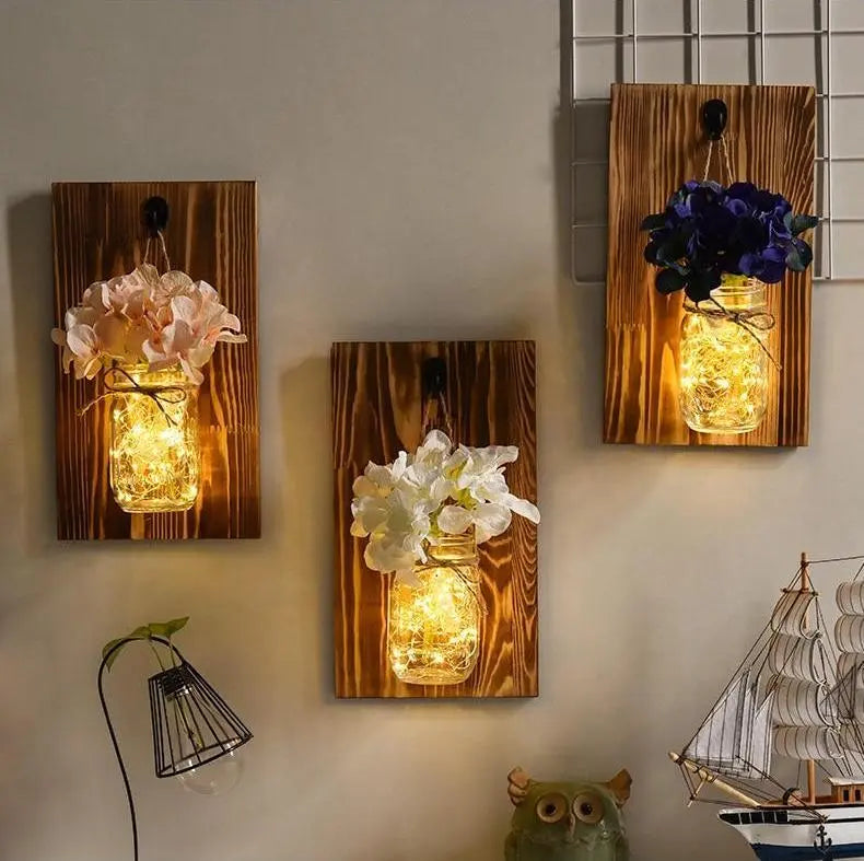 Jam Jar Wall Light with Fairy Lights, Wood & Glass, Battery