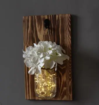 Jam Jar Wall Light with Fairy Lights, Wood & Glass, Battery