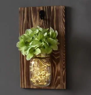 Jam Jar Wall Light with Fairy Lights, Wood & Glass, Battery