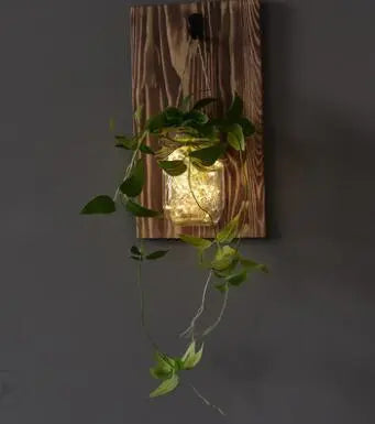 Jam Jar Wall Light with Fairy Lights, Wood & Glass, Battery