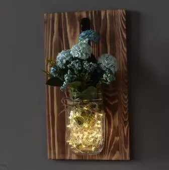 Jam Jar Wall Light with Fairy Lights, Wood & Glass, Battery