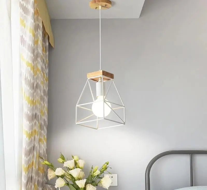 Vintage Cage Pendant Light Wood Iron E27 Small or Large