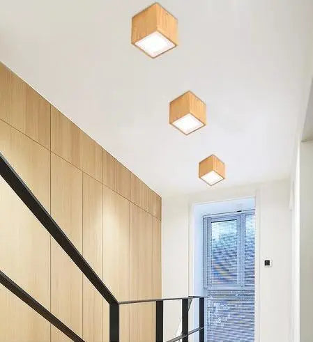 Nordic LED Ceiling Light Wood Glass Round Square S M L