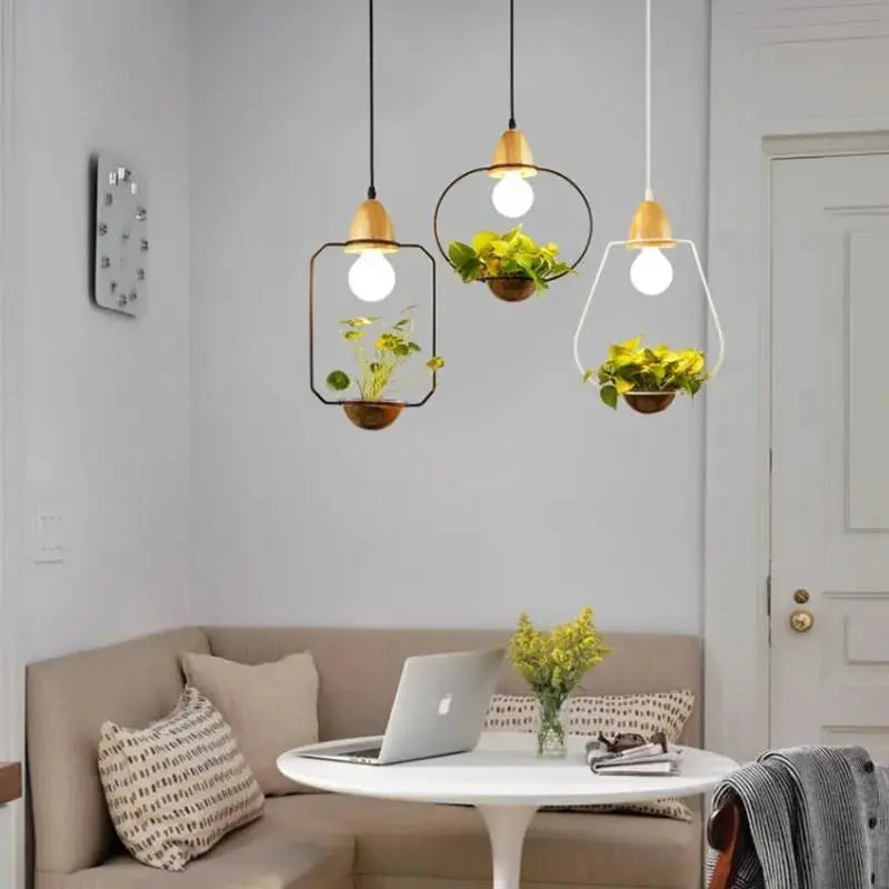 Nordic Plant Pendant Light, Iron, E27, Square/Cone/Round, Black/White