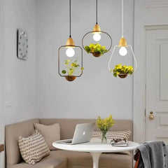 Nordic Plant Pendant Light, Iron, E27, Square/Cone/Round, Black/White