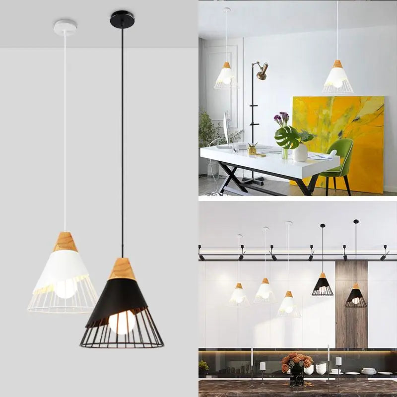 Nordic Pendant Light Iron Cage Wooden Base