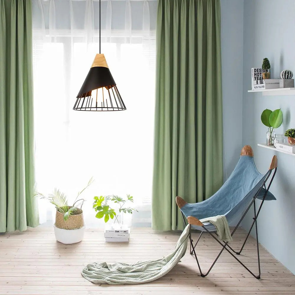 Nordic Pendant Light Iron Cage Wooden Base