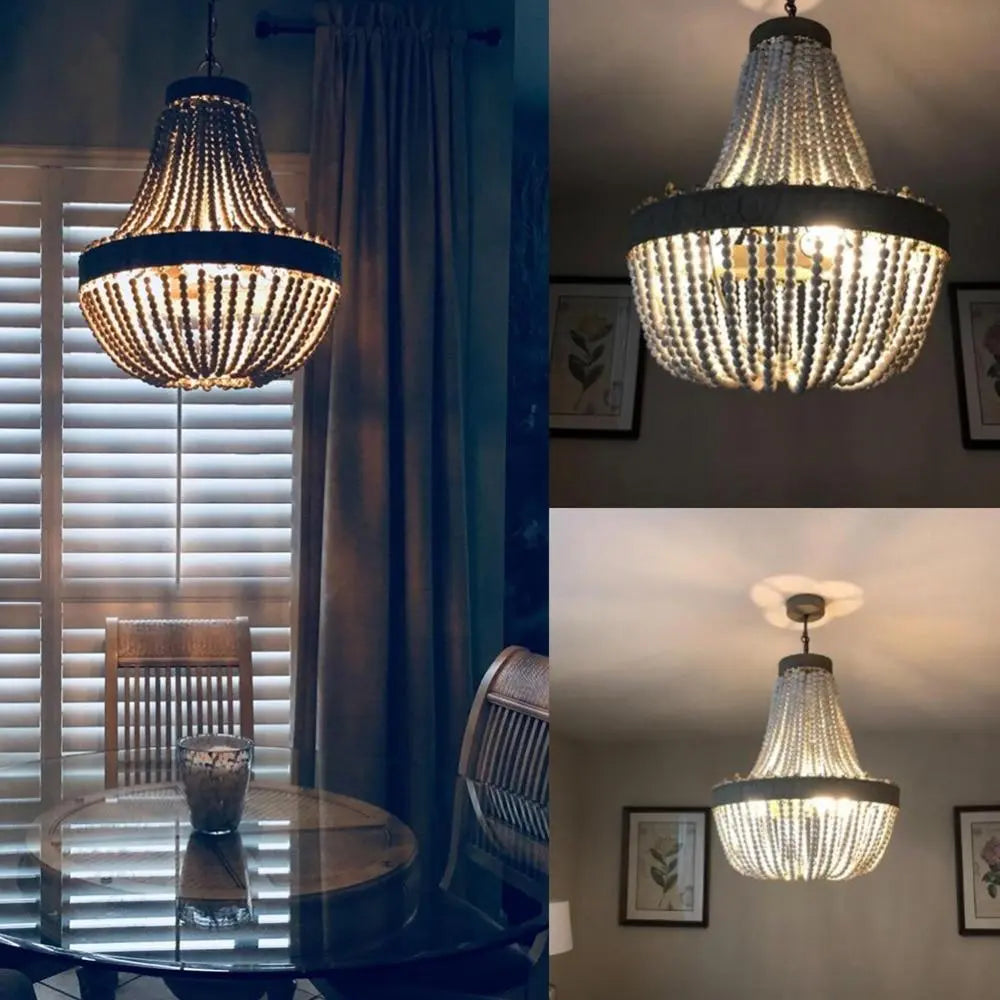 Vintage Round Wooden Beaded Chandelier Iron E27 48cm 56cm