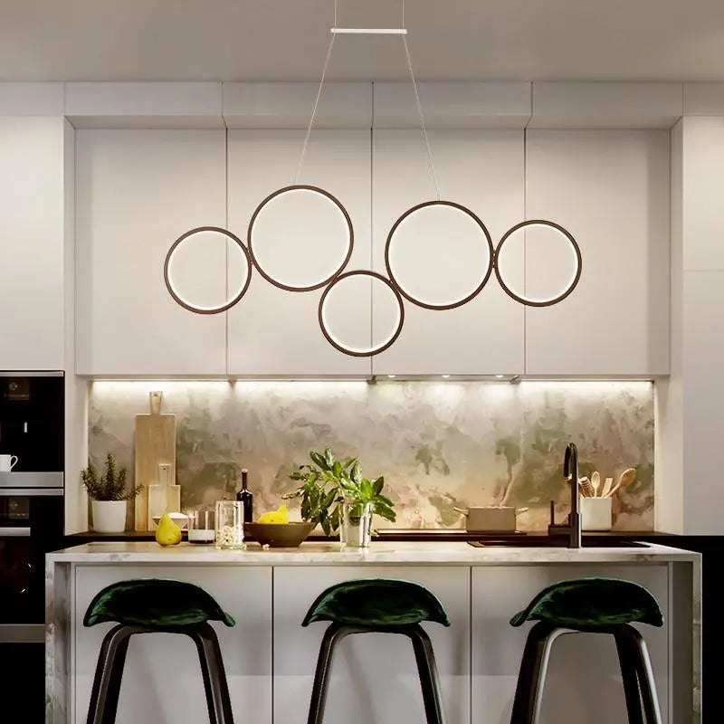 Dimmable Ring Pendant Light Acrylic LED — Remote Control, White or Brown, 3 or 5 Rings
