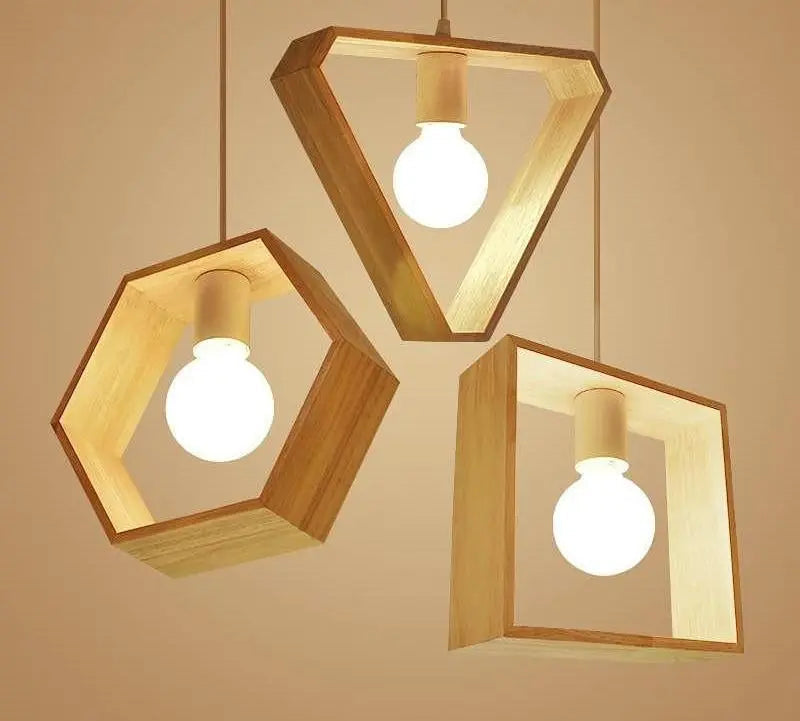 Geometric Wood Pendant Light E27 Triangle Hex Square