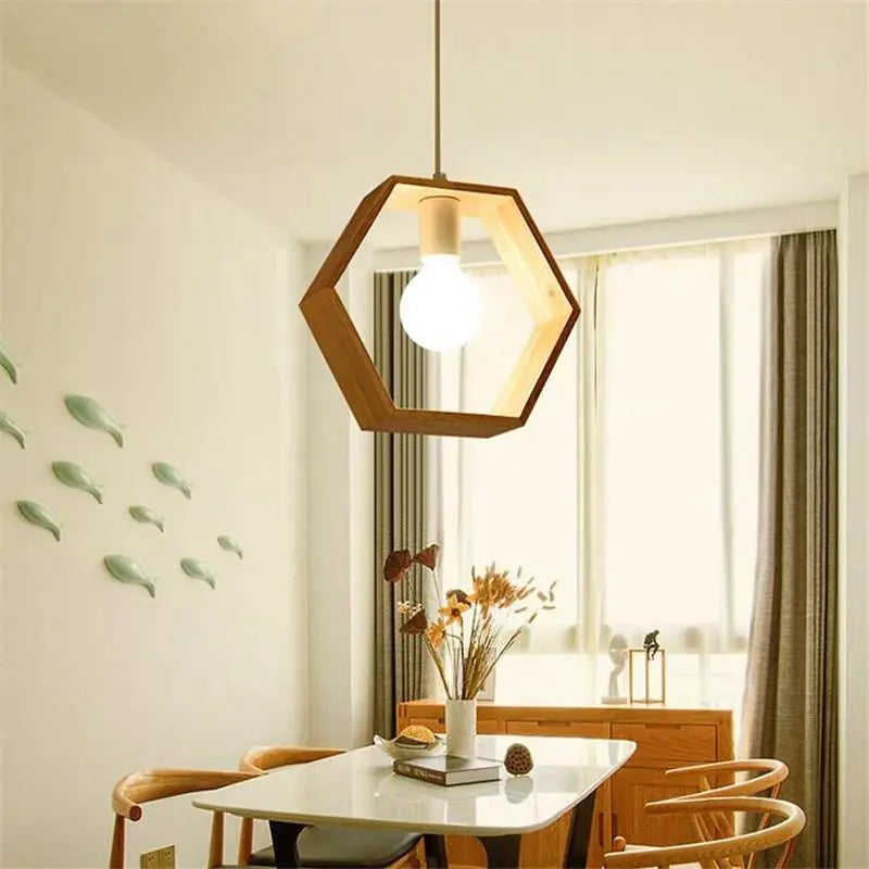 Geometric Wood Pendant Light E27 Triangle Hex Square