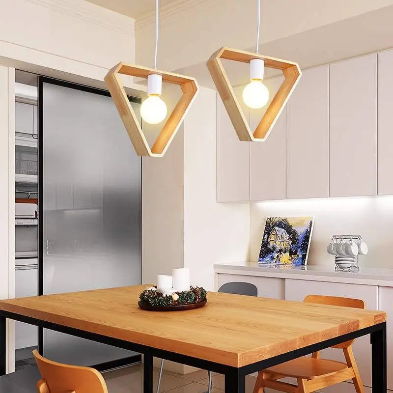 Geometric Wood Pendant Light E27 Triangle Hex Square