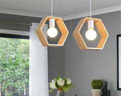 Geometric Wood Pendant Light E27 Triangle Hex Square