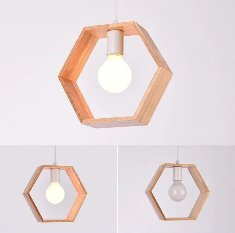 Geometric Wood Pendant Light E27 Triangle Hex Square