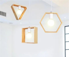 Geometric Wood Pendant Light E27 Triangle Hex Square
