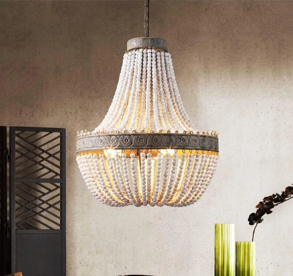 Vintage Round Wooden Beaded Chandelier Iron E27 48cm 56cm