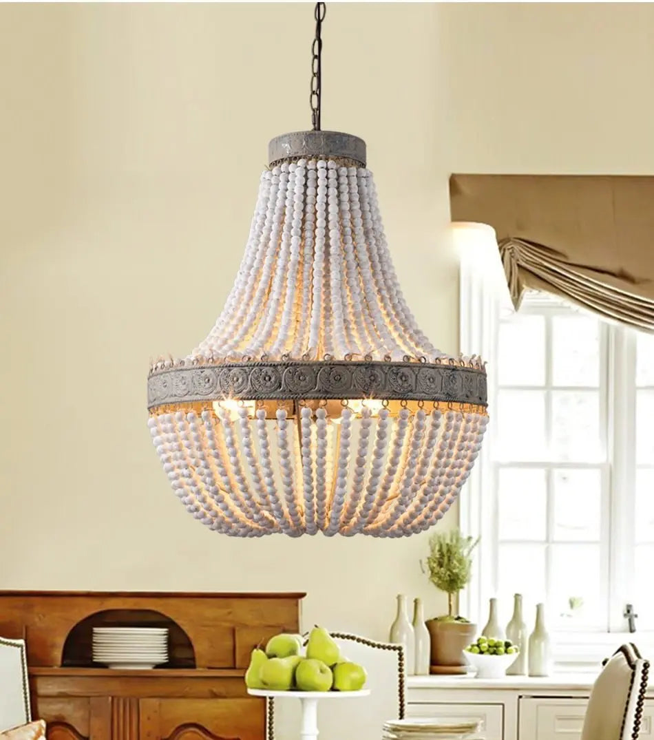 Vintage Round Wooden Beaded Chandelier Iron E27 48cm 56cm