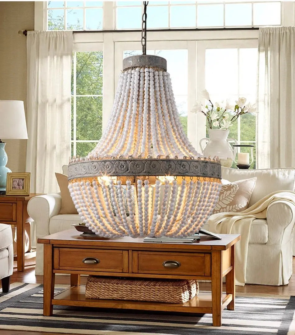 Vintage Round Wooden Beaded Chandelier Iron E27 48cm 56cm