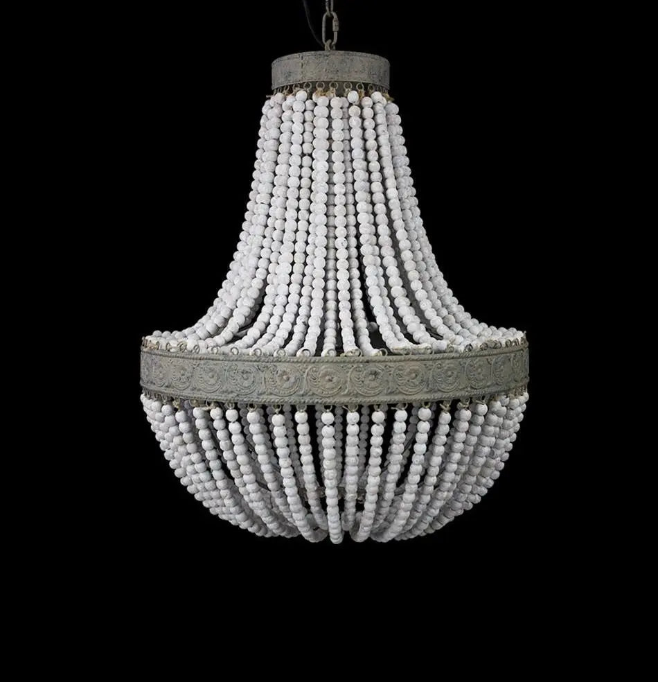 Vintage Round Wooden Beaded Chandelier Iron E27 48cm 56cm