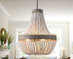 Vintage Round Wooden Beaded Chandelier Iron E27 48cm 56cm
