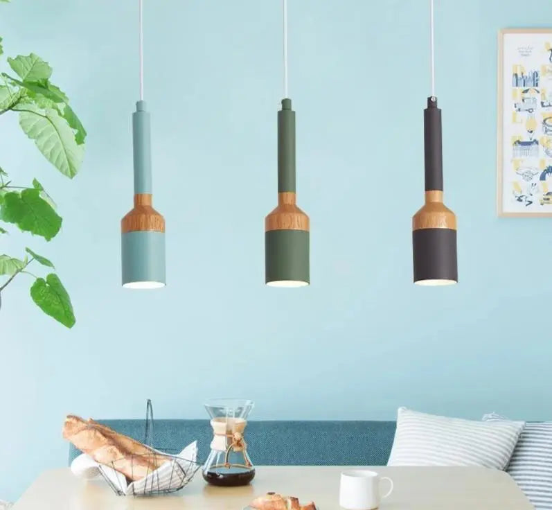 Nordic Brushed Pendant Light Iron Wood E27 Multi-Colour