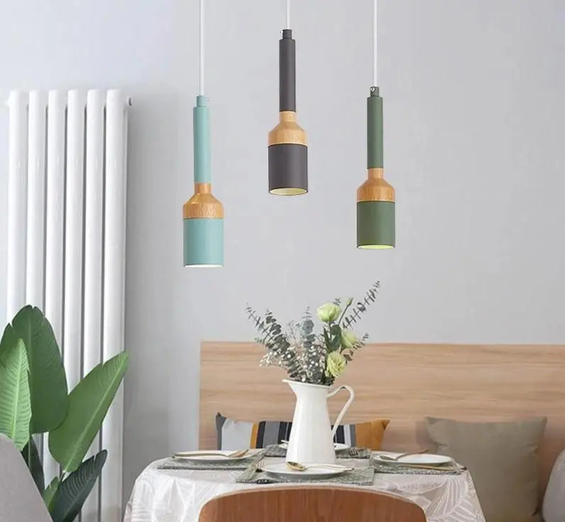 Nordic Brushed Pendant Light Iron Wood E27 Multi-Colour