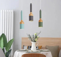 Nordic Brushed Pendant Light Iron Wood E27 Multi-Colour