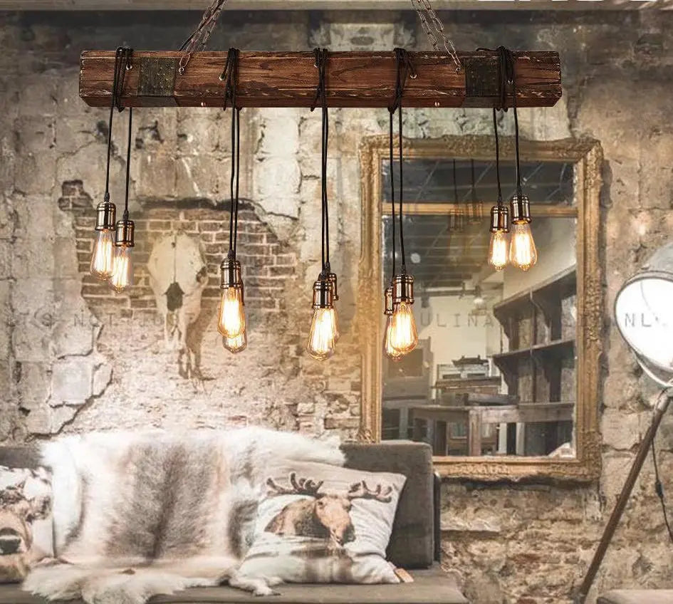 Antique Wooden Beam Pendant Light Solid Wood Metal E27