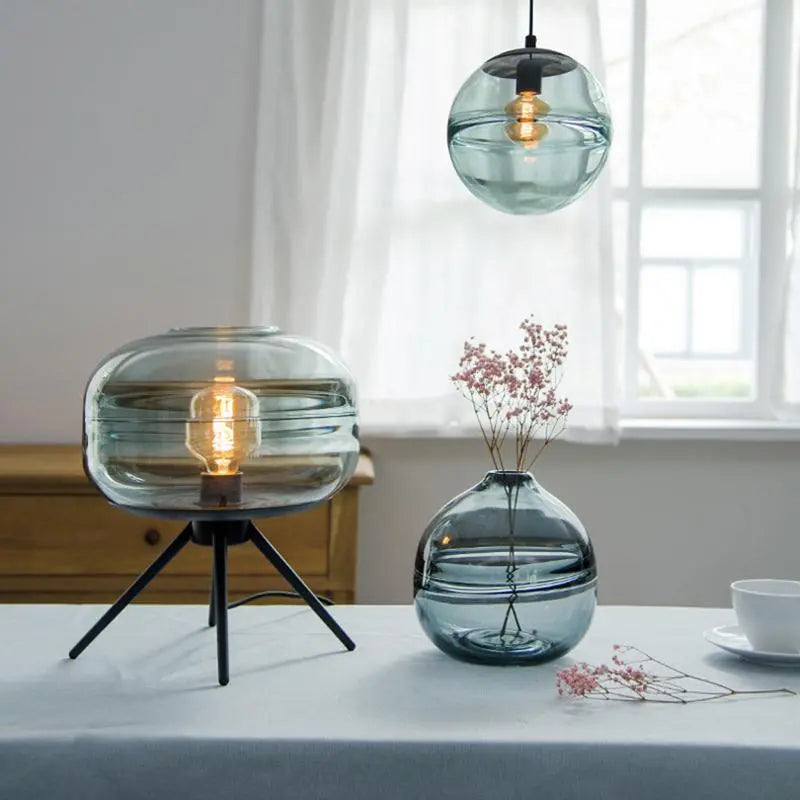 Glasdom Table Lamp Glass Dome Iron Tripod E27 Cyan Brown